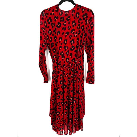 CABI Siren Red Black Leopard Print Sheer Sleeve Midi Wrap Dress Size Medium - Picture 3 of 8